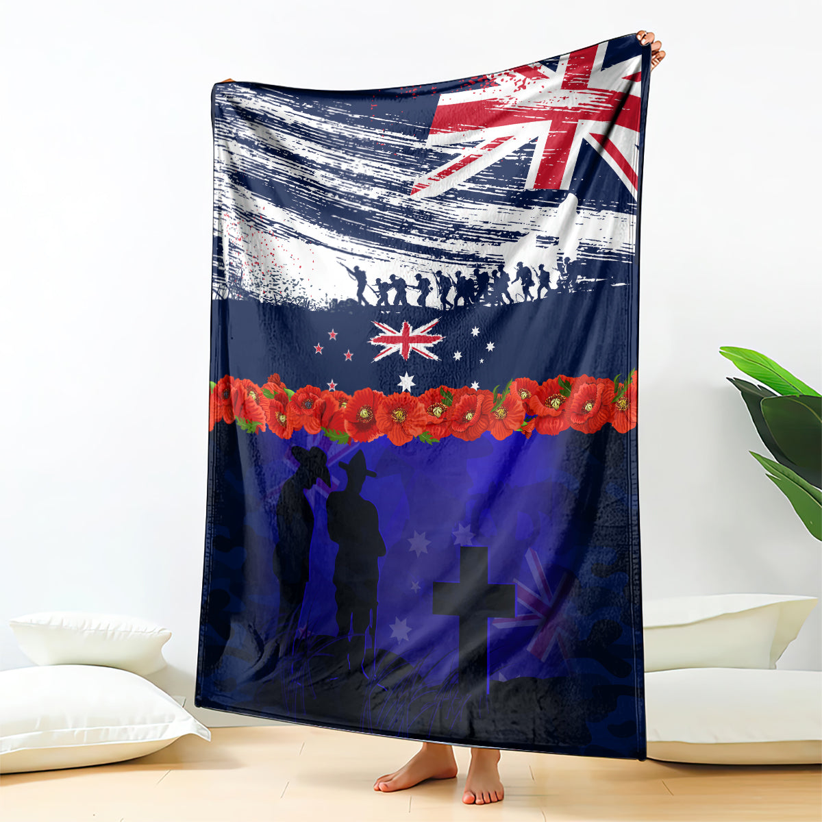 New Zealand and Australia ANZAC Day Blanket Lest We Forget Red Poppy Flowers and Soldier
