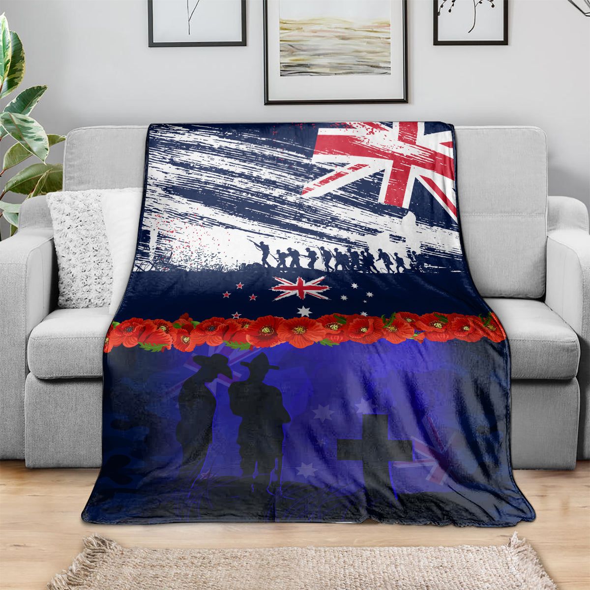 New Zealand and Australia ANZAC Day Blanket Lest We Forget Red Poppy Flowers and Soldier
