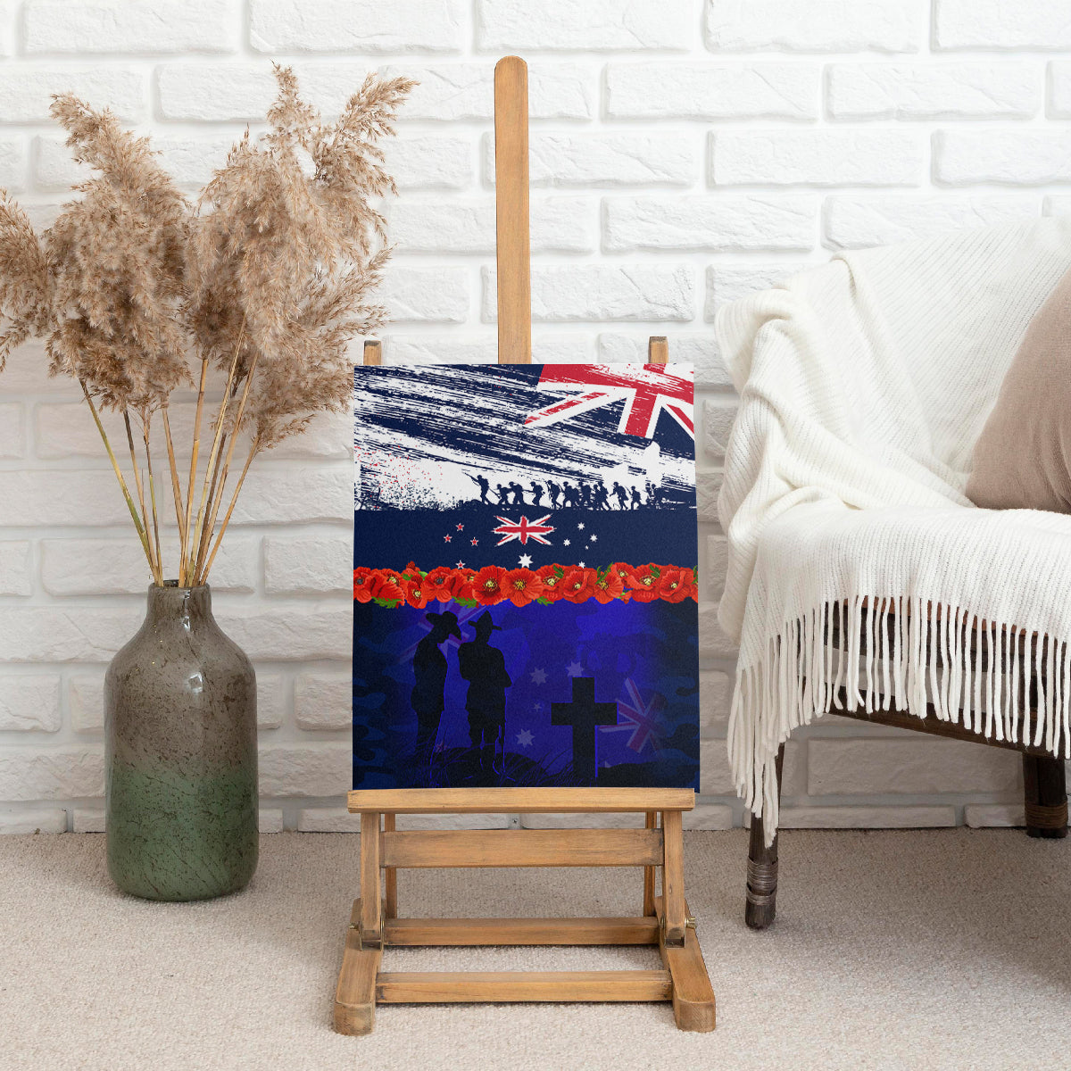 New Zealand and Australia ANZAC Day Canvas Wall Art Lest We Forget Red Poppy Flowers and Soldier