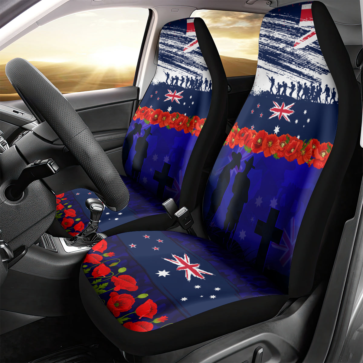 New Zealand and Australia ANZAC Day Car Seat Cover Lest We Forget Red Poppy Flowers and Soldier