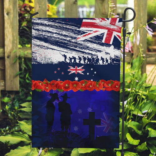 New Zealand and Australia ANZAC Day Garden Flag Lest We Forget Red Poppy Flowers and Soldier