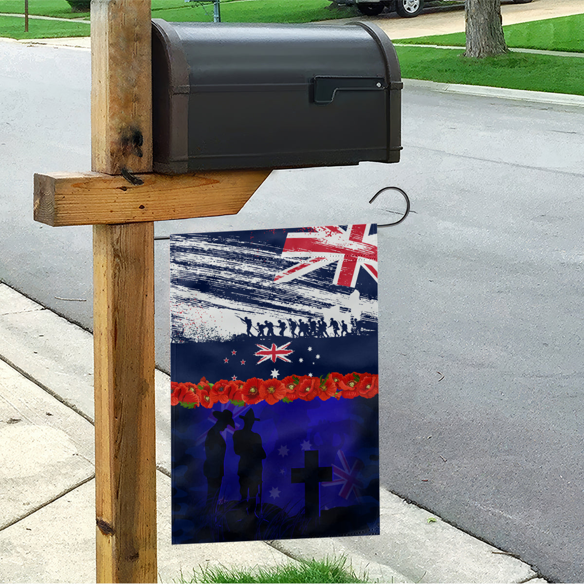 New Zealand and Australia ANZAC Day Garden Flag Lest We Forget Red Poppy Flowers and Soldier
