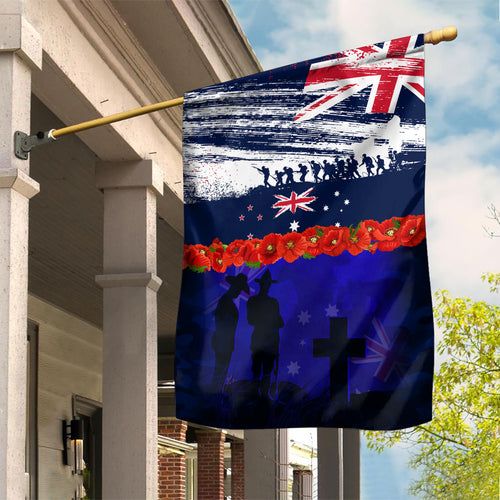 New Zealand and Australia ANZAC Day Garden Flag Lest We Forget Red Poppy Flowers and Soldier