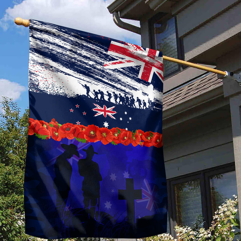 New Zealand and Australia ANZAC Day Garden Flag Lest We Forget Red Poppy Flowers and Soldier