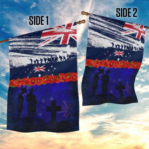 New Zealand and Australia ANZAC Day Garden Flag Lest We Forget Red Poppy Flowers and Soldier
