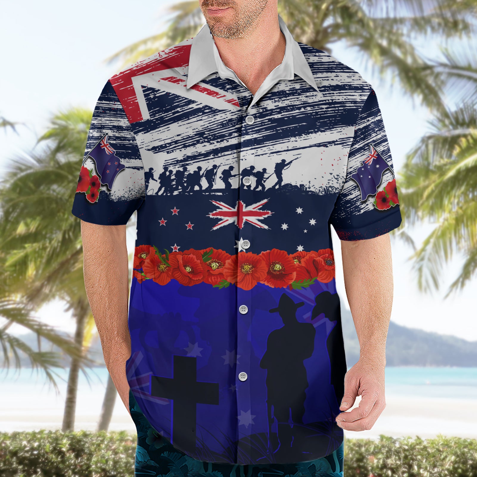 New Zealand and Australia ANZAC Day Hawaiian Shirt Lest We Forget Red Poppy Flowers and Soldier