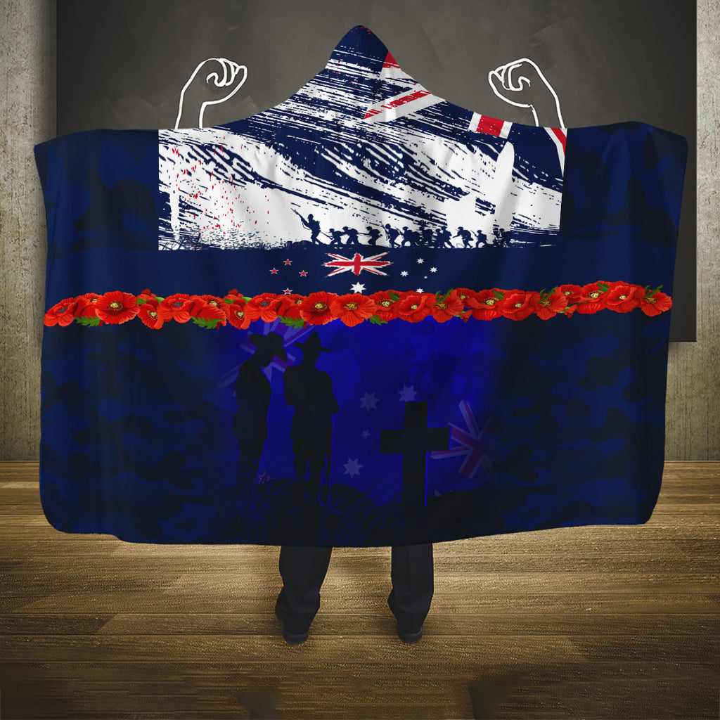 New Zealand and Australia ANZAC Day Hooded Blanket Lest We Forget Red Poppy Flowers and Soldier