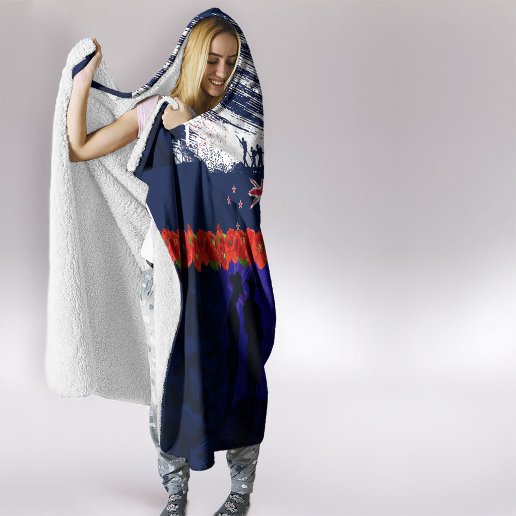 New Zealand and Australia ANZAC Day Hooded Blanket Lest We Forget Red Poppy Flowers and Soldier