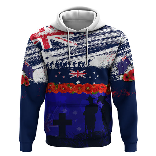 New Zealand and Australia ANZAC Day Hoodie Lest We Forget Red Poppy Flowers and Soldier