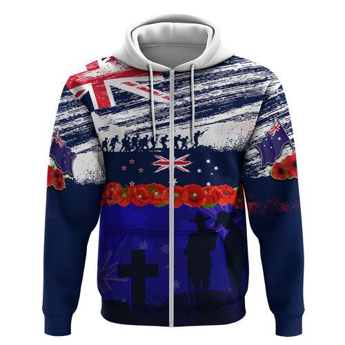 New Zealand and Australia ANZAC Day Hoodie Lest We Forget Red Poppy Flowers and Soldier