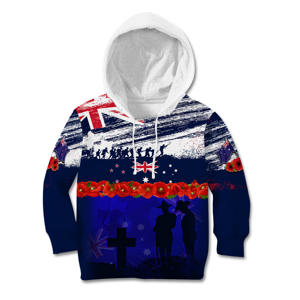 New Zealand and Australia ANZAC Day Kid Hoodie Lest We Forget Red Poppy Flowers and Soldier