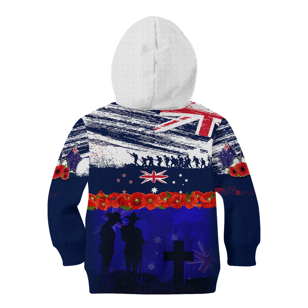 New Zealand and Australia ANZAC Day Kid Hoodie Lest We Forget Red Poppy Flowers and Soldier
