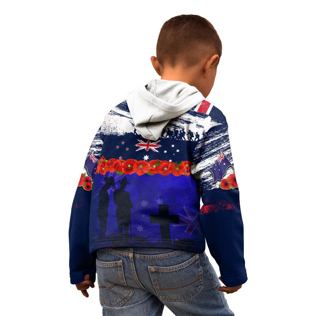 New Zealand and Australia ANZAC Day Kid Hoodie Lest We Forget Red Poppy Flowers and Soldier