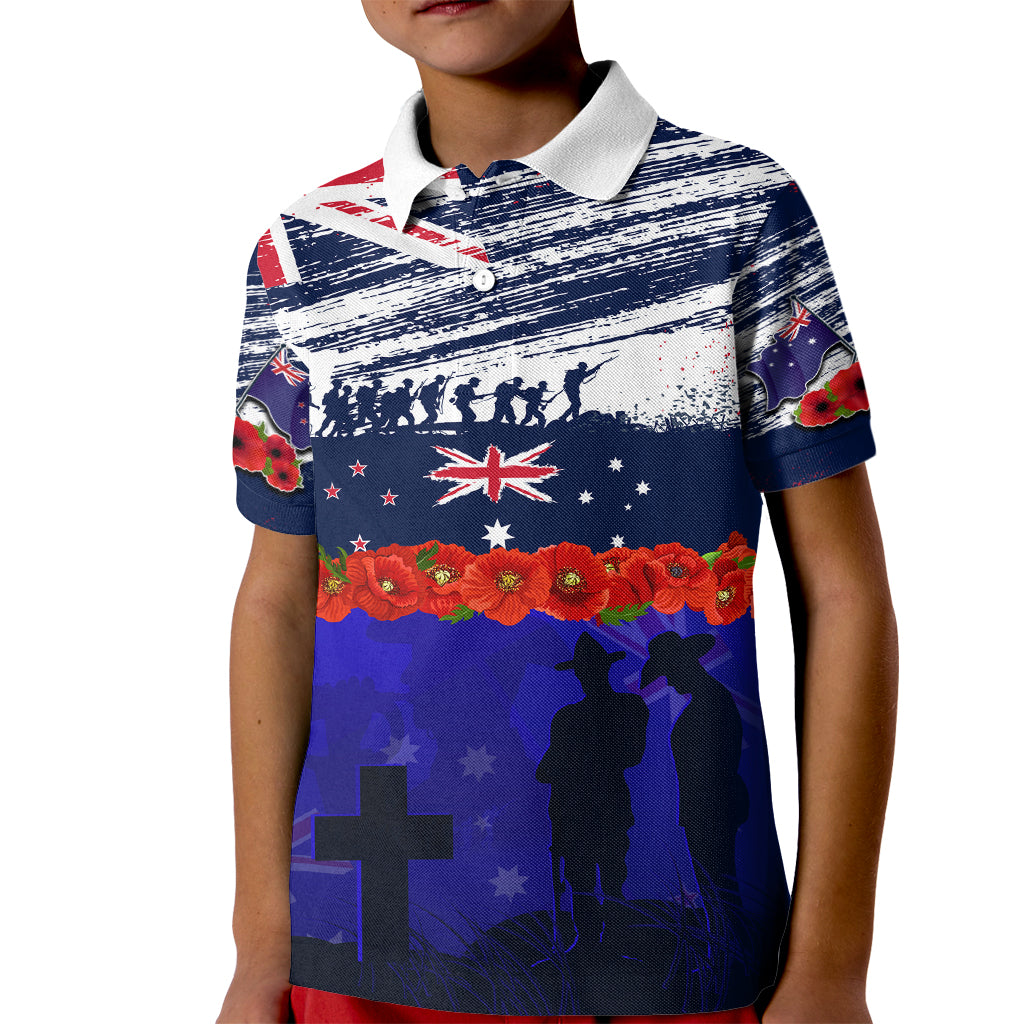 New Zealand and Australia ANZAC Day Kid Polo Shirt Lest We Forget Red Poppy Flowers and Soldier