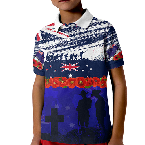New Zealand and Australia ANZAC Day Kid Polo Shirt Lest We Forget Red Poppy Flowers and Soldier