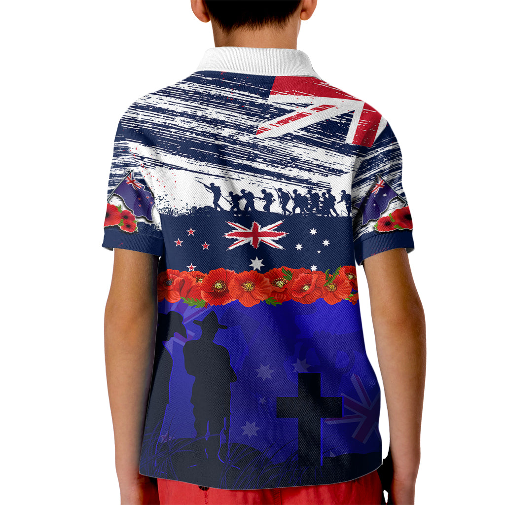New Zealand and Australia ANZAC Day Kid Polo Shirt Lest We Forget Red Poppy Flowers and Soldier