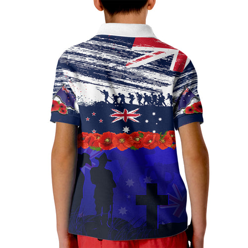 New Zealand and Australia ANZAC Day Kid Polo Shirt Lest We Forget Red Poppy Flowers and Soldier