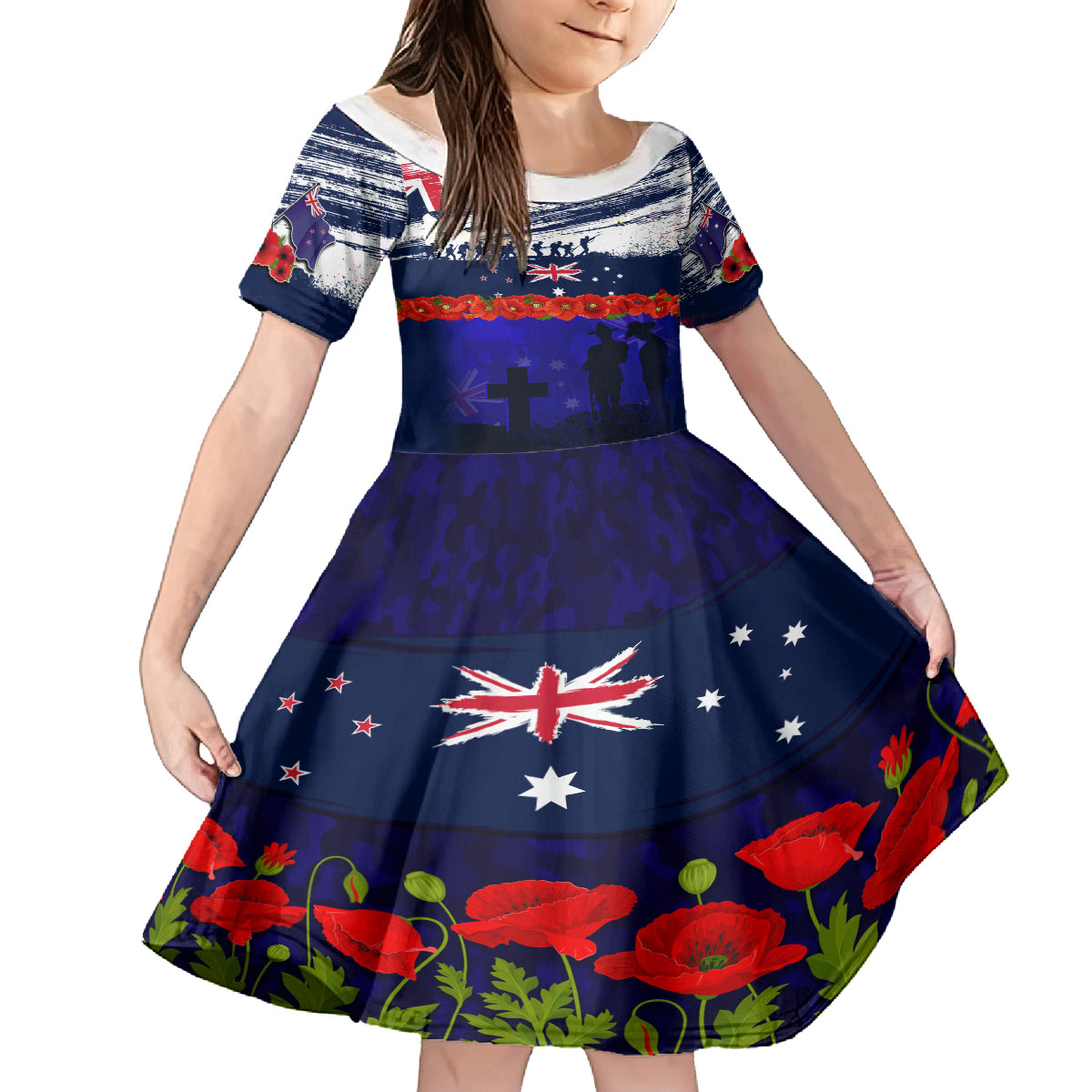 New Zealand and Australia ANZAC Day Kid Short Sleeve Dress Lest We Forget Red Poppy Flowers and Soldier