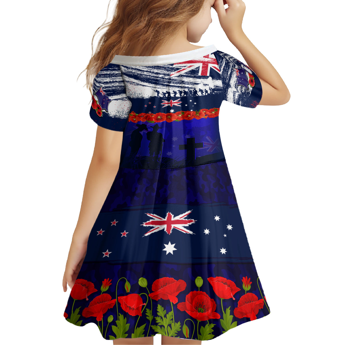 New Zealand and Australia ANZAC Day Kid Short Sleeve Dress Lest We Forget Red Poppy Flowers and Soldier