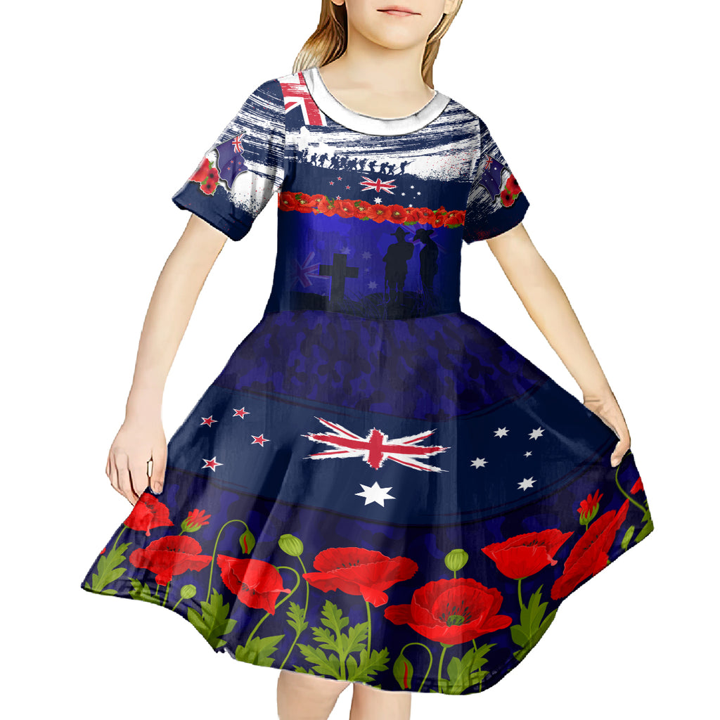 New Zealand and Australia ANZAC Day Kid Short Sleeve Dress Lest We Forget Red Poppy Flowers and Soldier