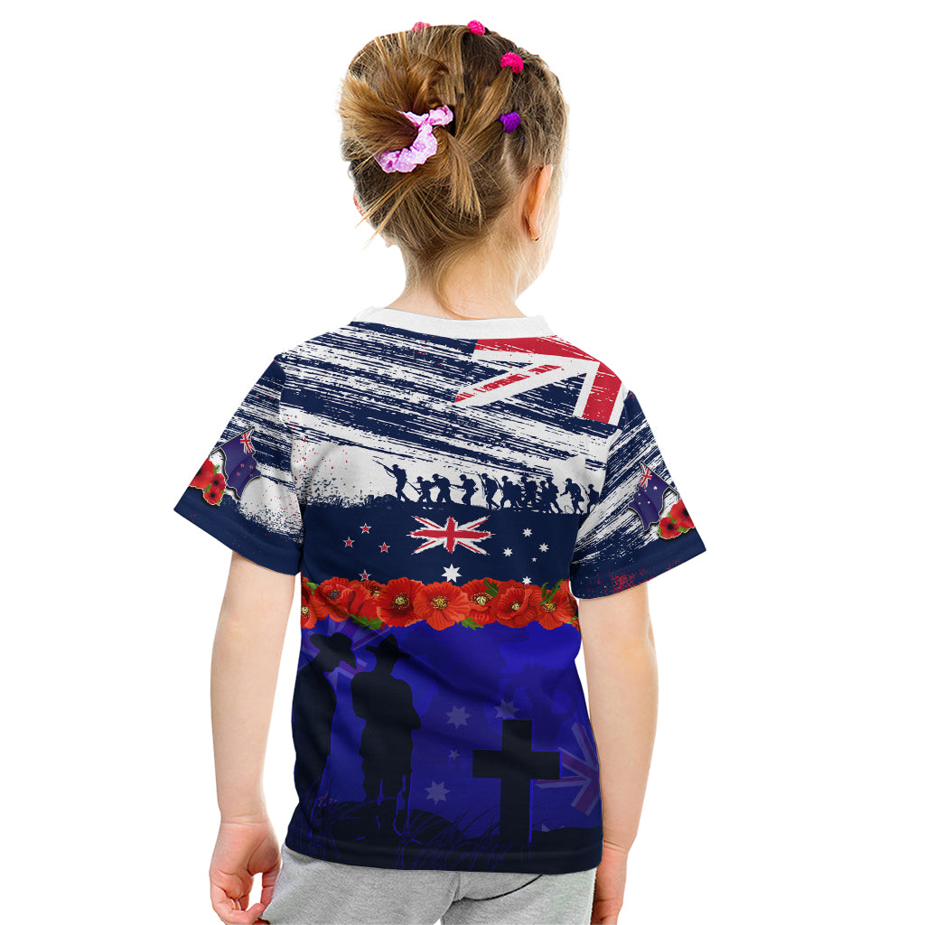New Zealand and Australia ANZAC Day Kid T Shirt Lest We Forget Red Poppy Flowers and Soldier
