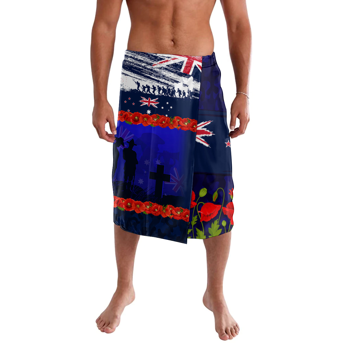 New Zealand and Australia ANZAC Day Lavalava Lest We Forget Red Poppy Flowers and Soldier