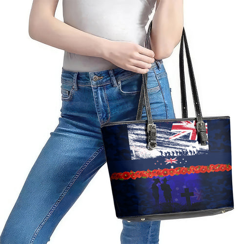 New Zealand and Australia ANZAC Day Leather Tote Bag Lest We Forget Red Poppy Flowers and Soldier