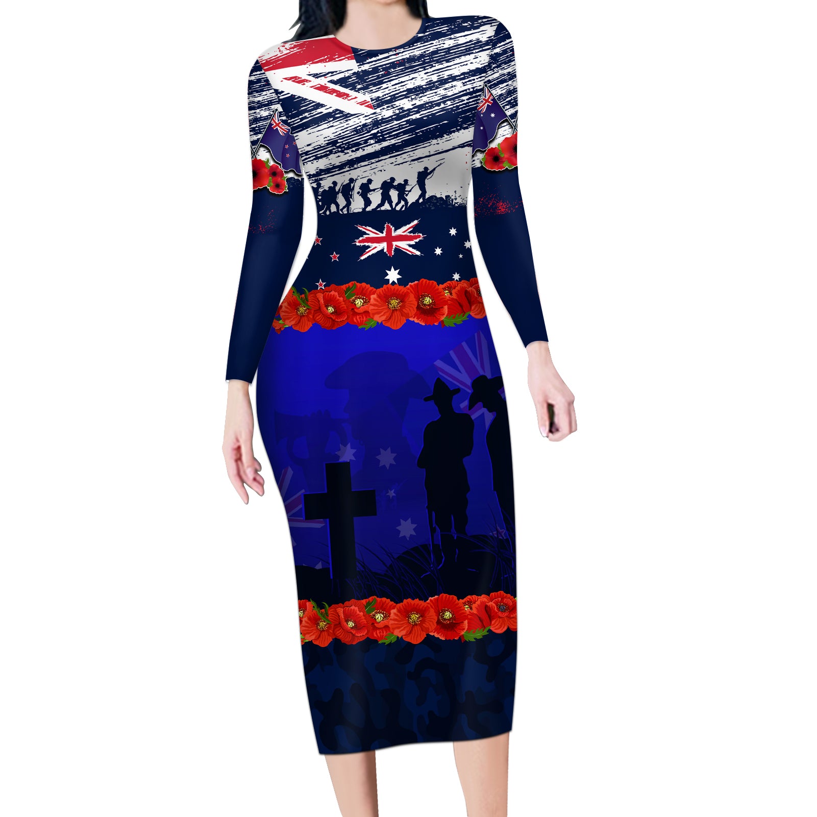 New Zealand and Australia ANZAC Day Long Sleeve Bodycon Dress Lest We Forget Red Poppy Flowers and Soldier