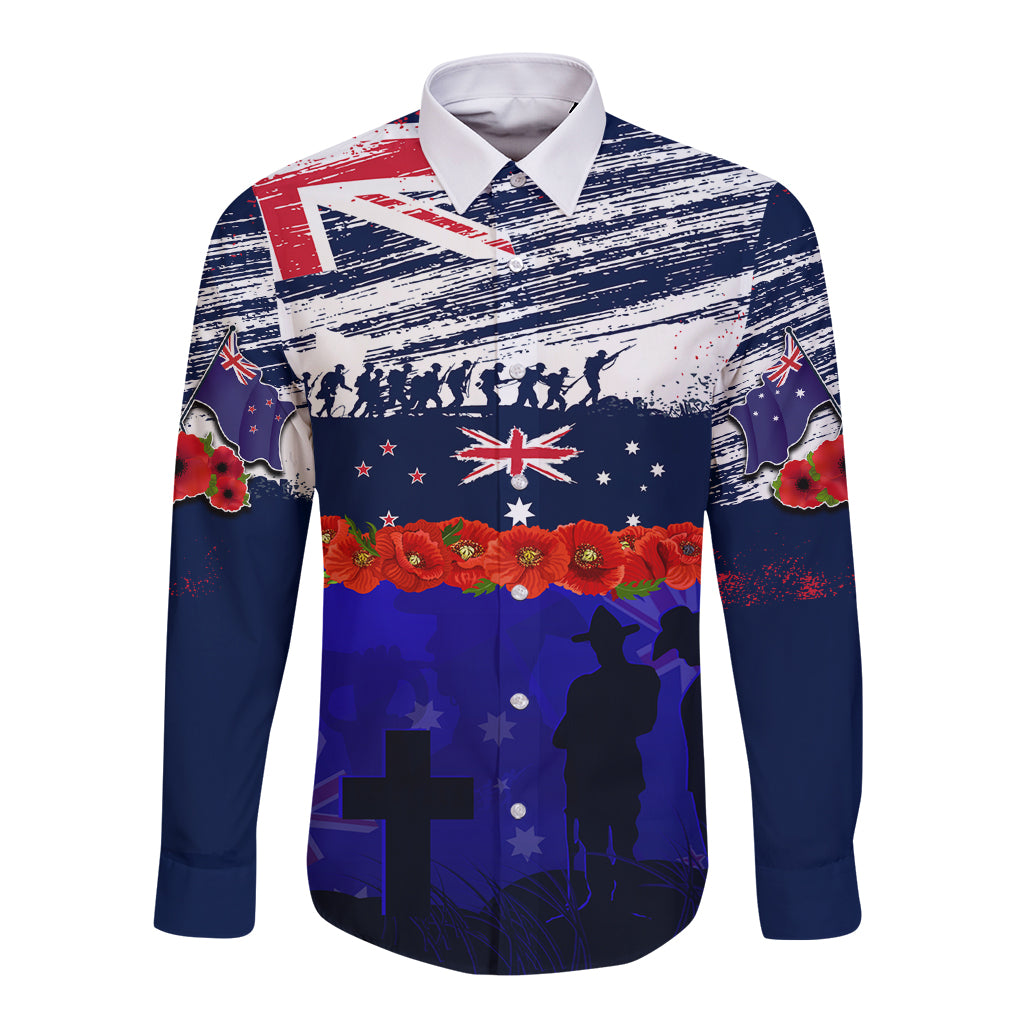 New Zealand and Australia ANZAC Day Long Sleeve Button Shirt Lest We Forget Red Poppy Flowers and Soldier