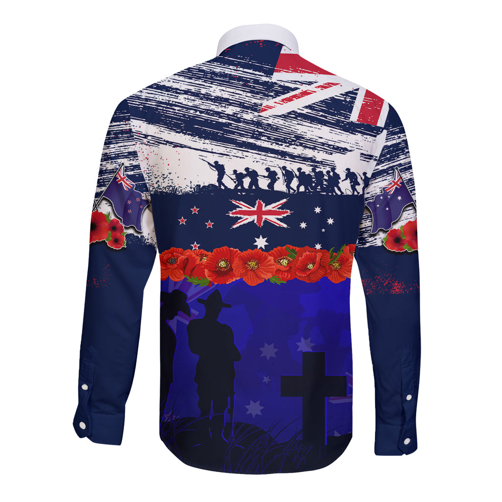New Zealand and Australia ANZAC Day Long Sleeve Button Shirt Lest We Forget Red Poppy Flowers and Soldier
