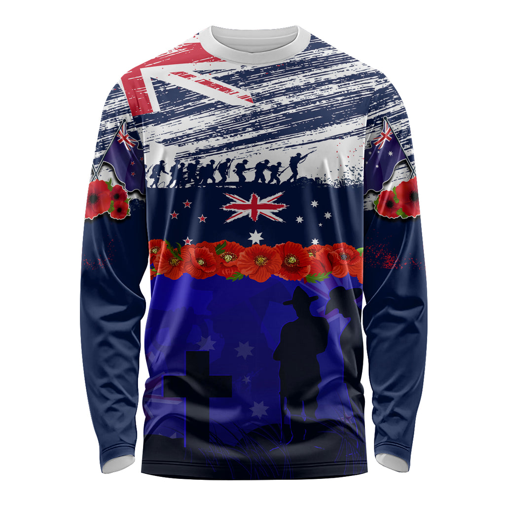 New Zealand and Australia ANZAC Day Long Sleeve Shirt Lest We Forget Red Poppy Flowers and Soldier