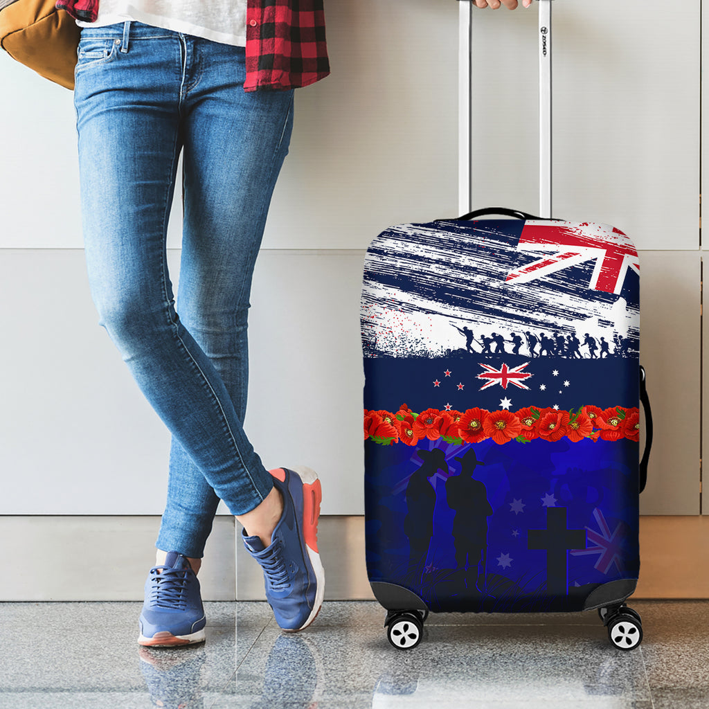New Zealand and Australia ANZAC Day Luggage Cover Lest We Forget Red Poppy Flowers and Soldier