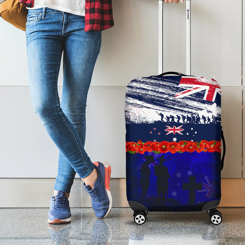 New Zealand and Australia ANZAC Day Luggage Cover Lest We Forget Red Poppy Flowers and Soldier