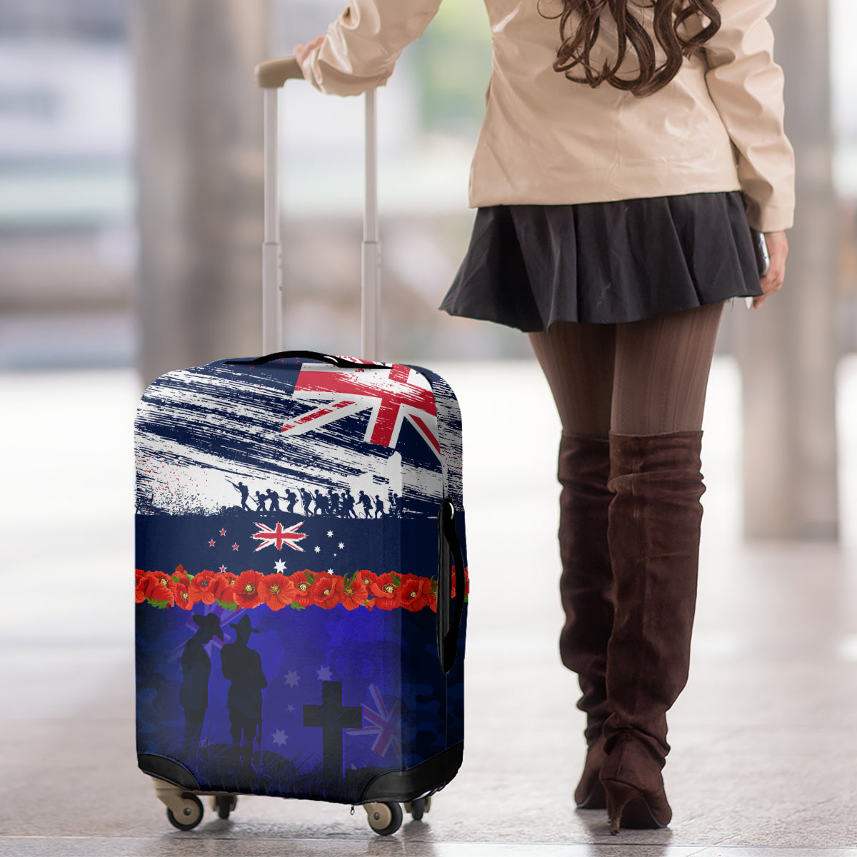 New Zealand and Australia ANZAC Day Luggage Cover Lest We Forget Red Poppy Flowers and Soldier