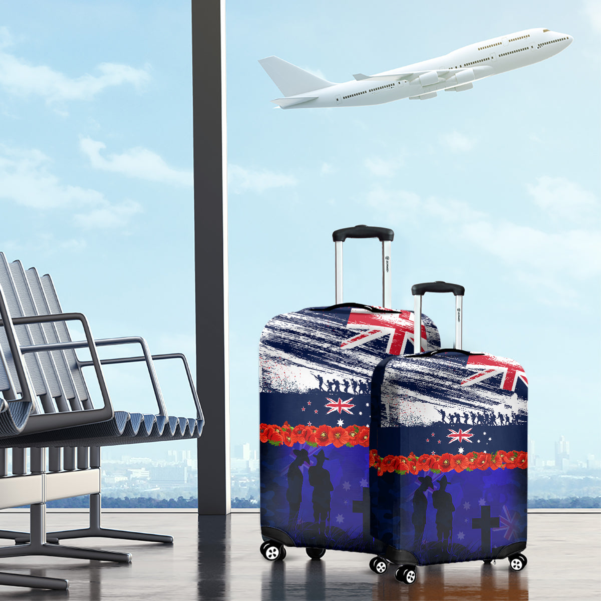 New Zealand and Australia ANZAC Day Luggage Cover Lest We Forget Red Poppy Flowers and Soldier
