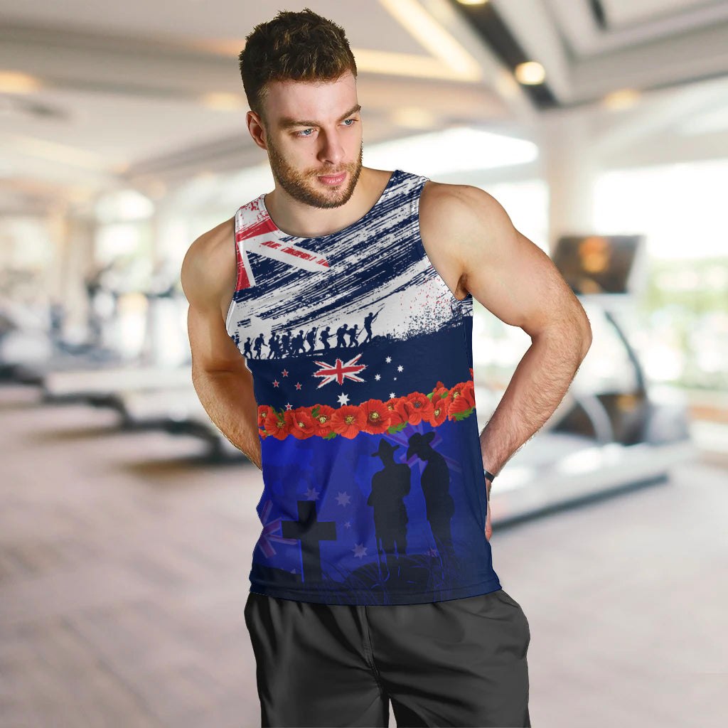 New Zealand and Australia ANZAC Day Men Tank Top Lest We Forget Red Poppy Flowers and Soldier