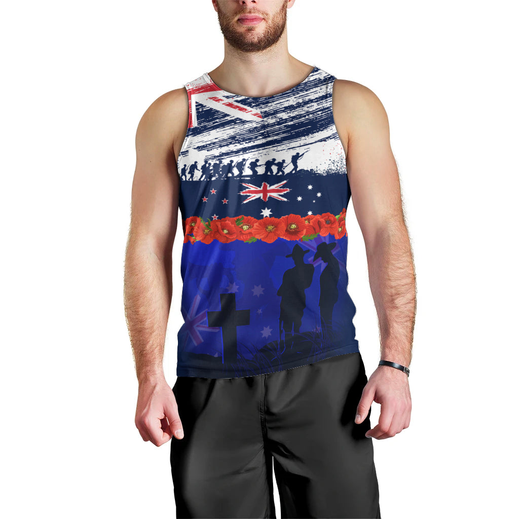 New Zealand and Australia ANZAC Day Men Tank Top Lest We Forget Red Poppy Flowers and Soldier