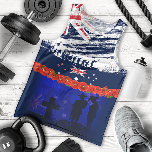 New Zealand and Australia ANZAC Day Men Tank Top Lest We Forget Red Poppy Flowers and Soldier
