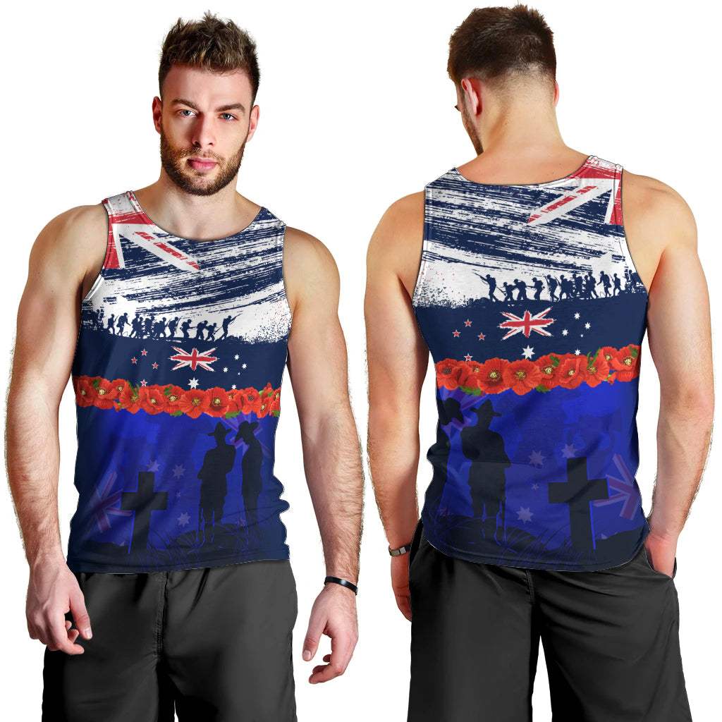 New Zealand and Australia ANZAC Day Men Tank Top Lest We Forget Red Poppy Flowers and Soldier