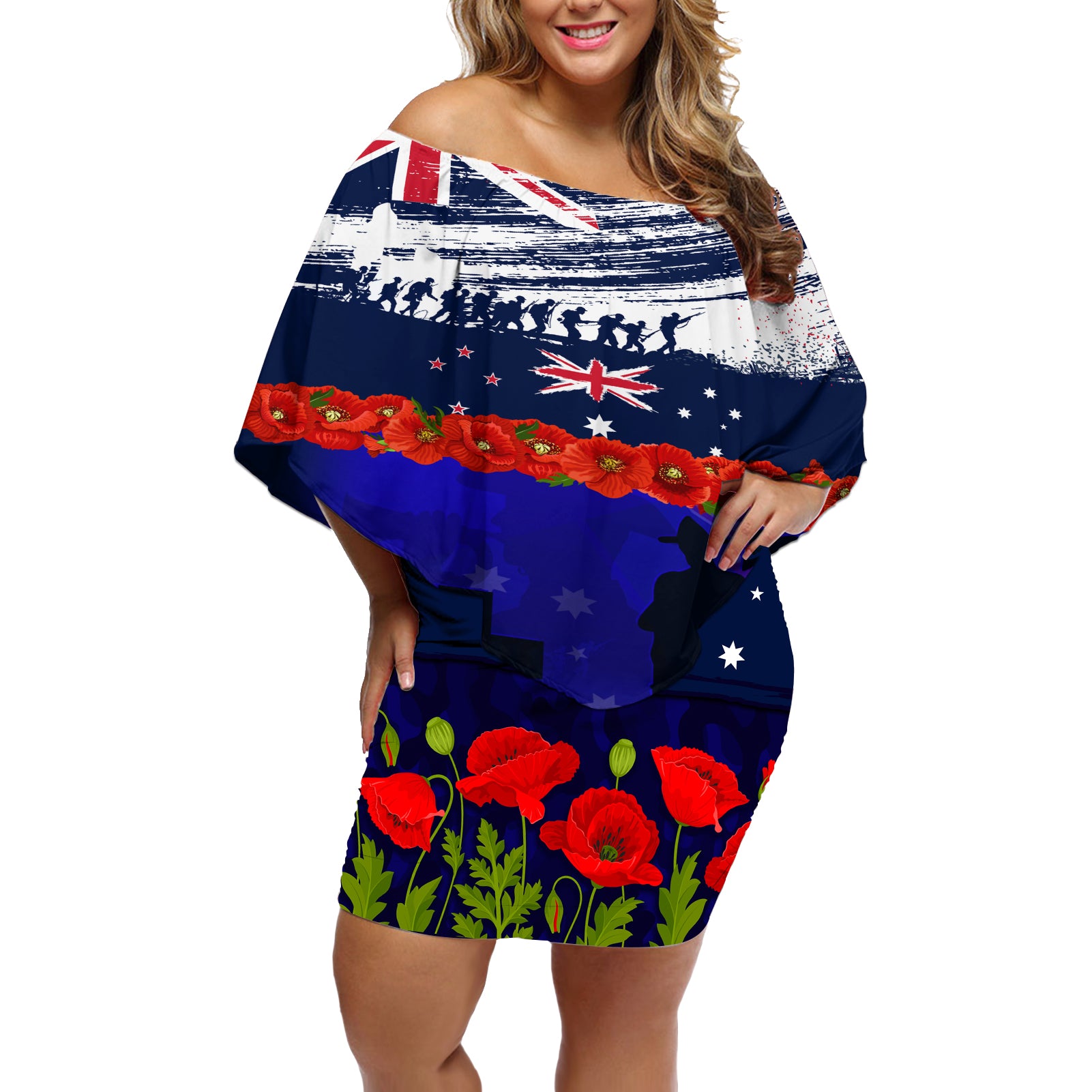 New Zealand and Australia ANZAC Day Off Shoulder Short Dress Lest We Forget Red Poppy Flowers and Soldier