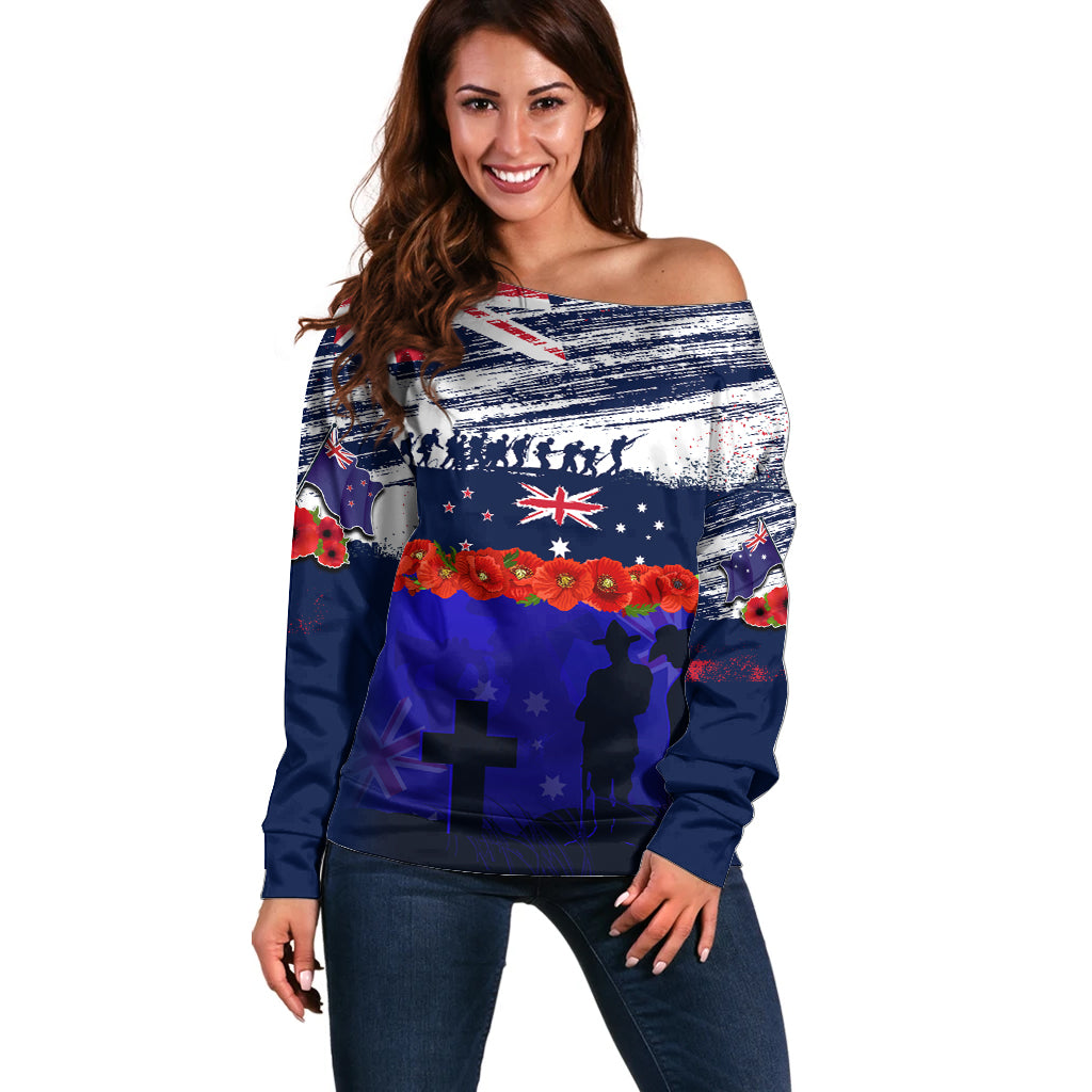 New Zealand and Australia ANZAC Day Off Shoulder Sweater Lest We Forget Red Poppy Flowers and Soldier