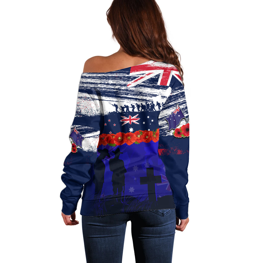 New Zealand and Australia ANZAC Day Off Shoulder Sweater Lest We Forget Red Poppy Flowers and Soldier
