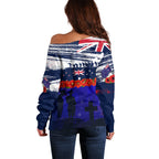 New Zealand and Australia ANZAC Day Off Shoulder Sweater Lest We Forget Red Poppy Flowers and Soldier