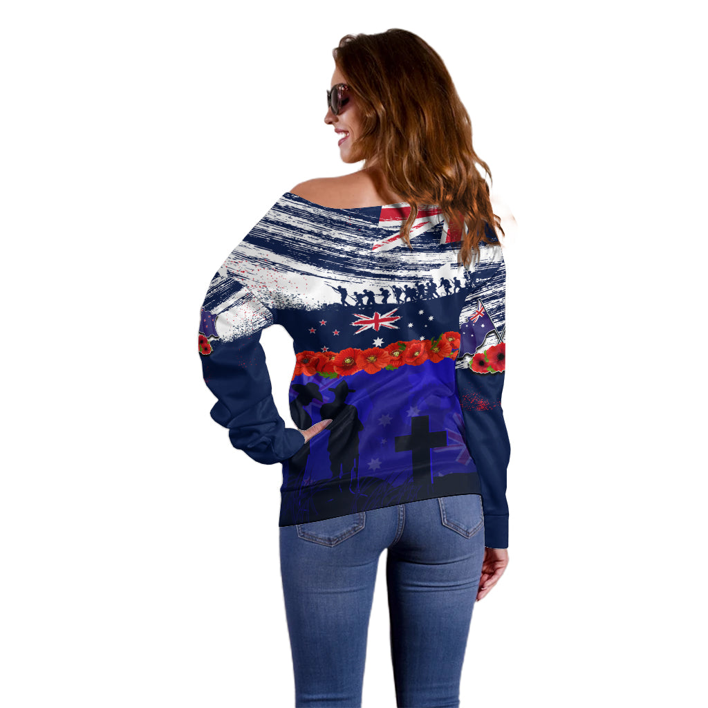 New Zealand and Australia ANZAC Day Off Shoulder Sweater Lest We Forget Red Poppy Flowers and Soldier