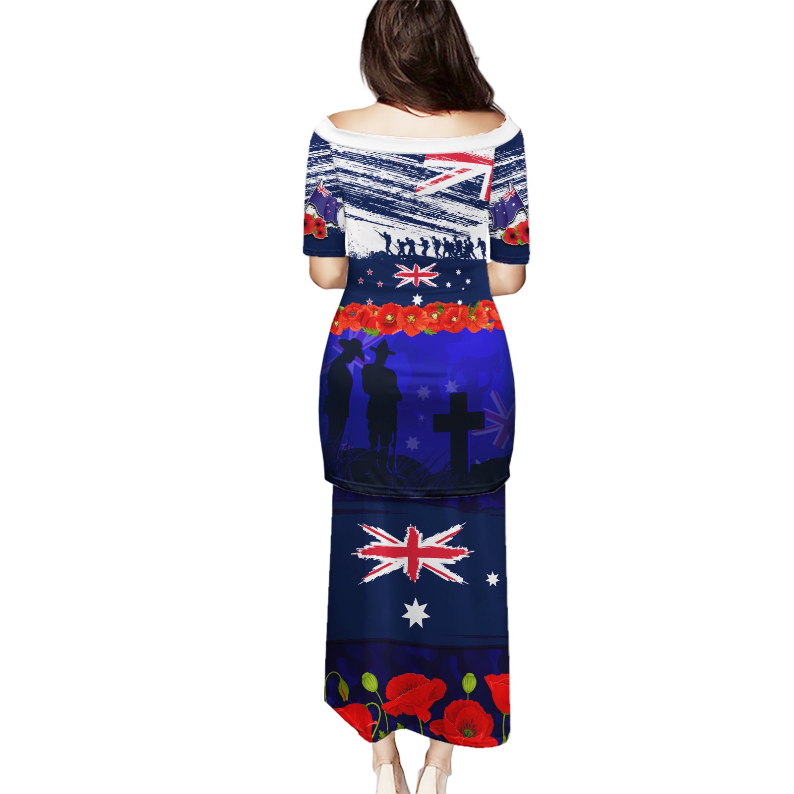 New Zealand and Australia ANZAC Day Puletasi Lest We Forget Red Poppy Flowers and Soldier