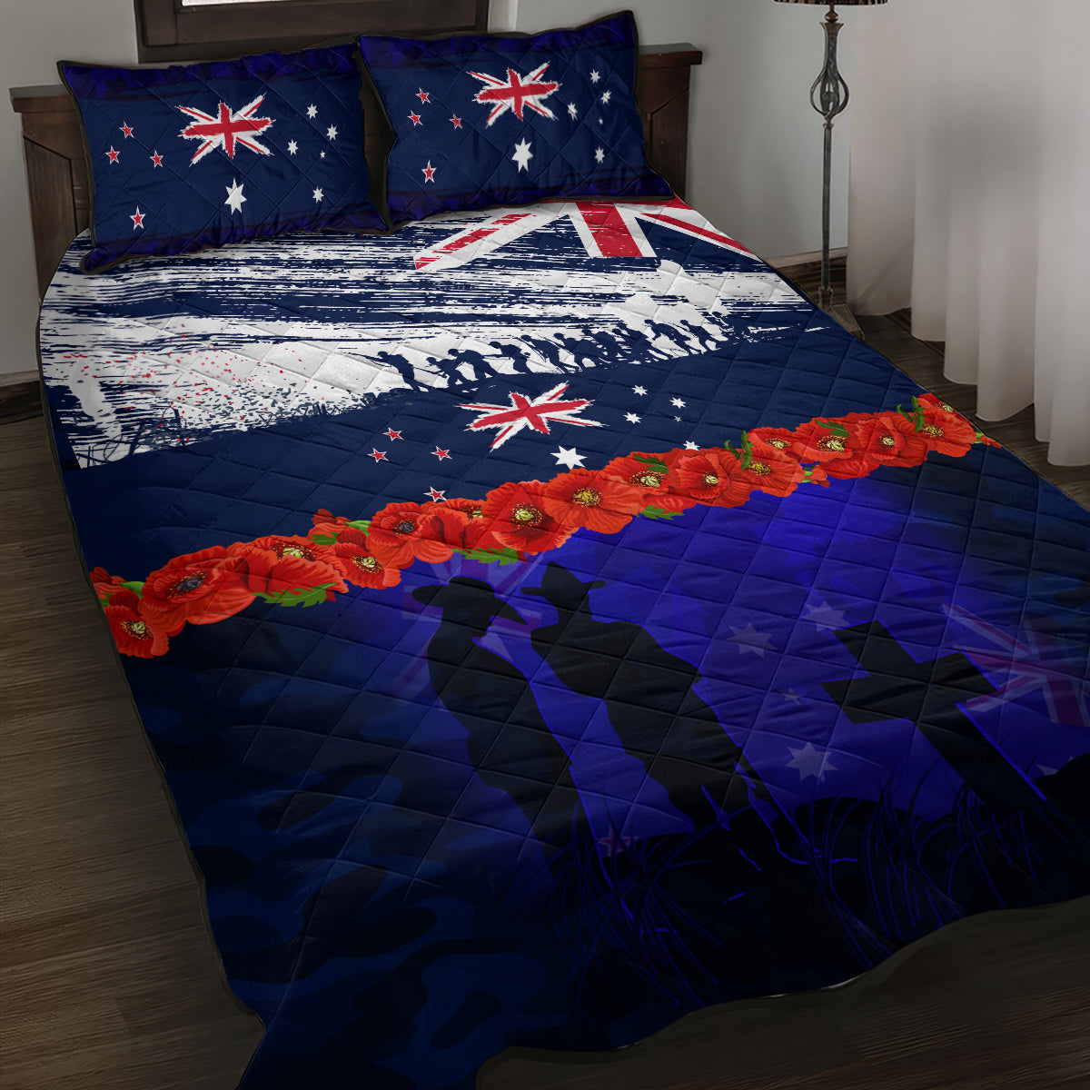 New Zealand and Australia ANZAC Day Quilt Bed Set Lest We Forget Red Poppy Flowers and Soldier
