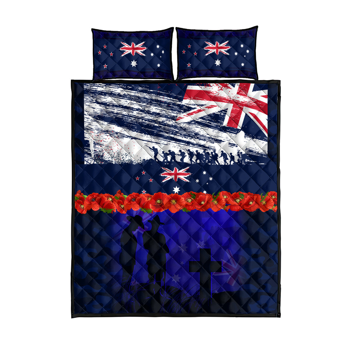New Zealand and Australia ANZAC Day Quilt Bed Set Lest We Forget Red Poppy Flowers and Soldier