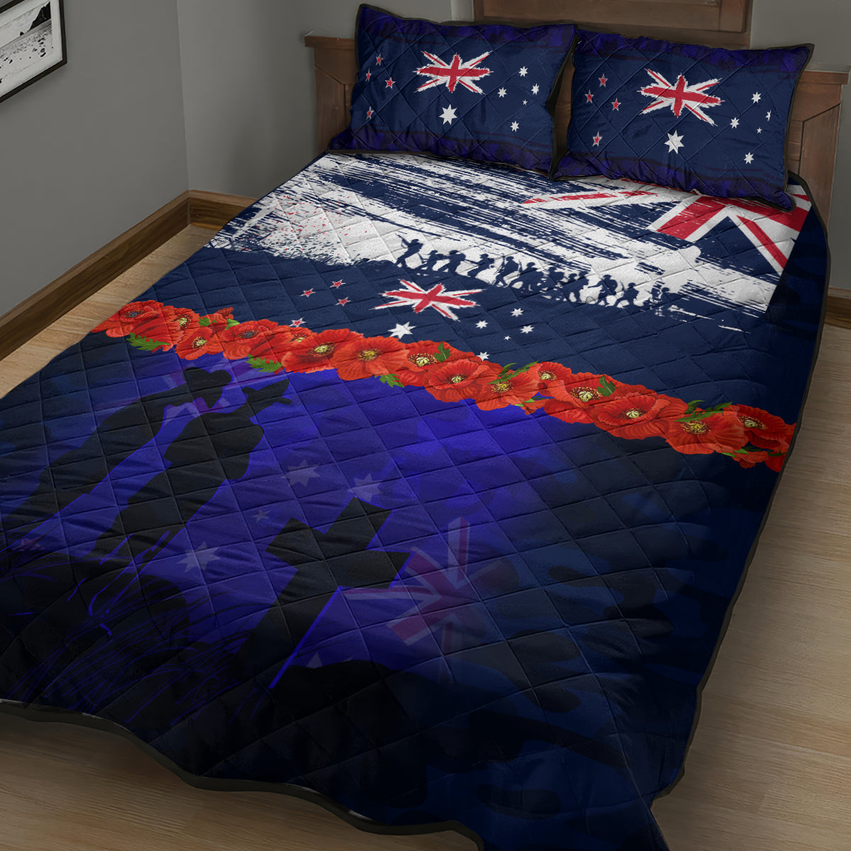 New Zealand and Australia ANZAC Day Quilt Bed Set Lest We Forget Red Poppy Flowers and Soldier