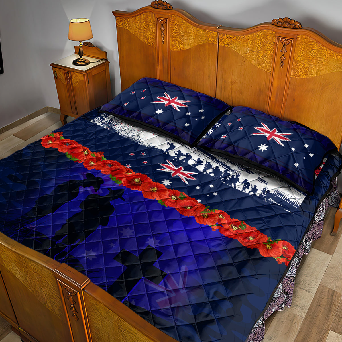 New Zealand and Australia ANZAC Day Quilt Bed Set Lest We Forget Red Poppy Flowers and Soldier