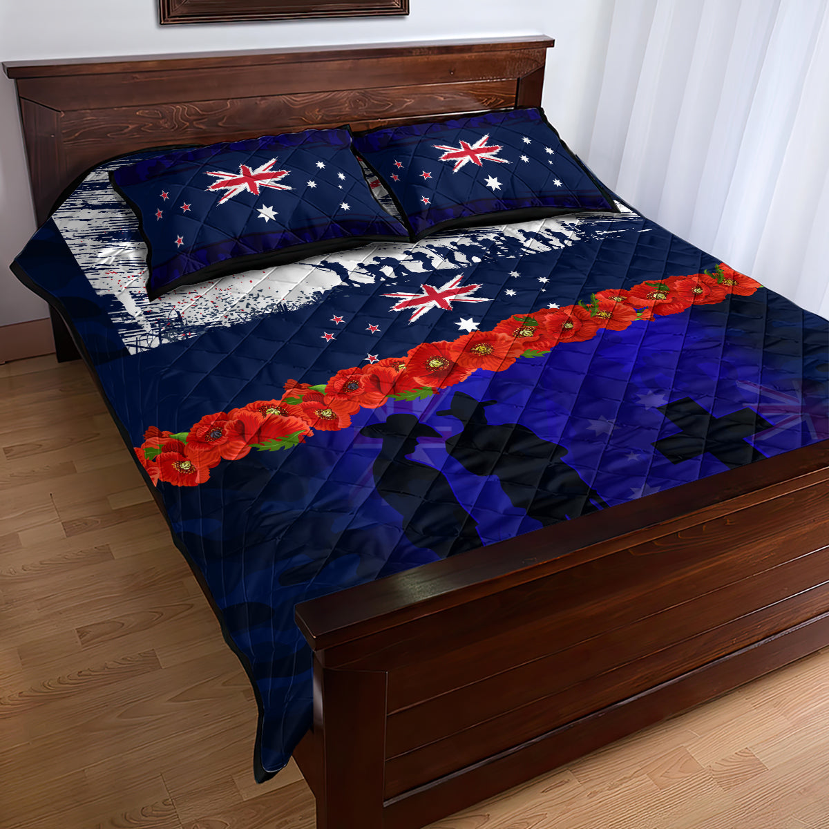 New Zealand and Australia ANZAC Day Quilt Bed Set Lest We Forget Red Poppy Flowers and Soldier